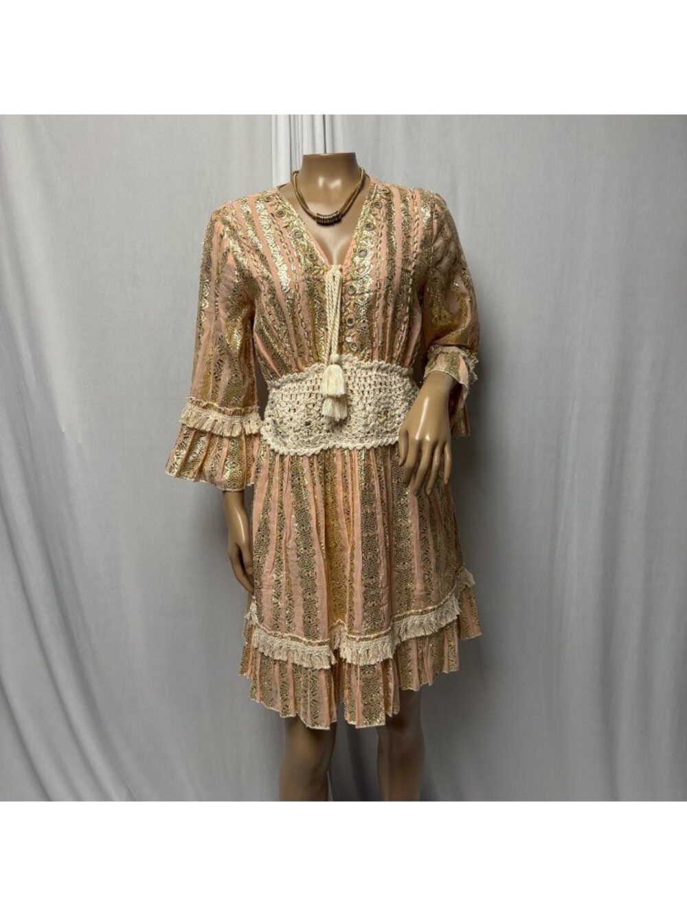 Boho Tassel Crochet Waist Pink Lace-Trim Dress